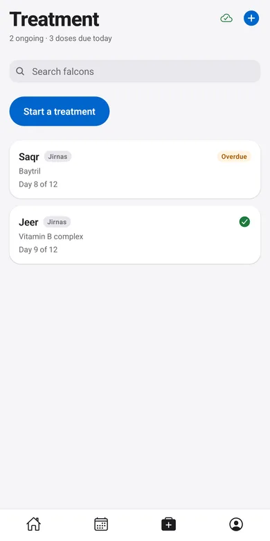 The Telwah app treatment screen: a medicine course with its doses given and due.