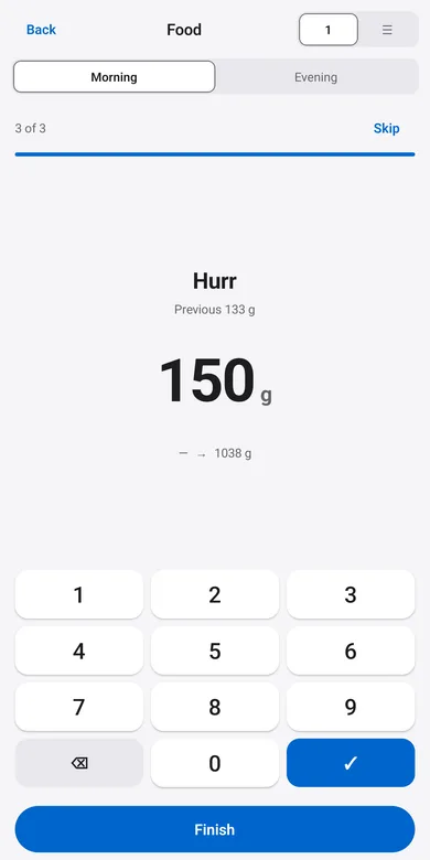 The Telwah app food screen: the food ordered for a falcon and the amount given.