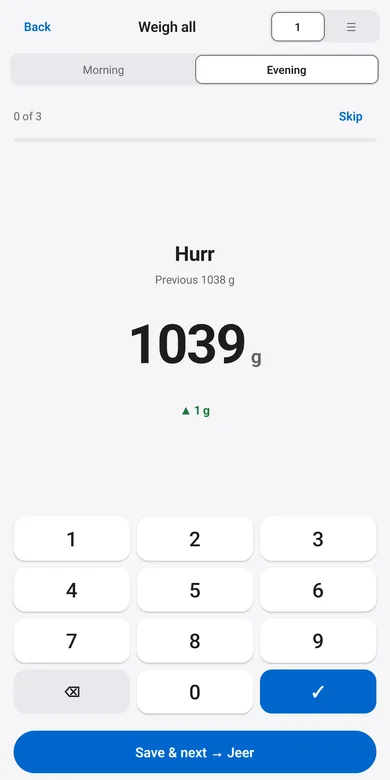 The Telwah app weighing screen with a large keypad and the previous weight for reference.